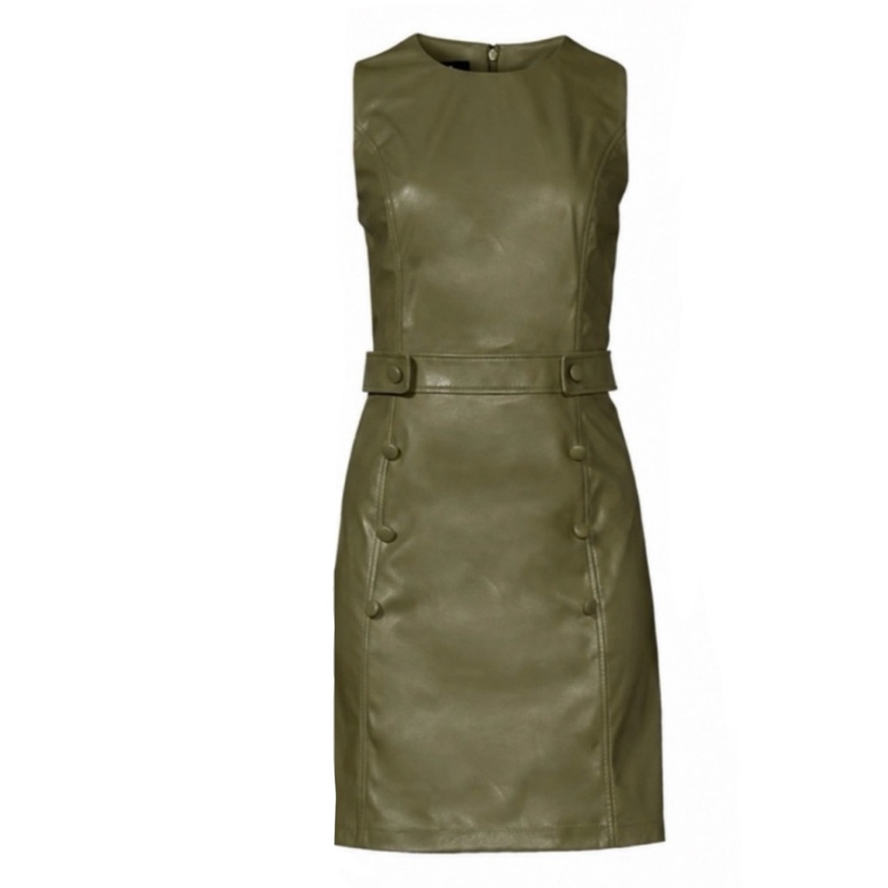 DKNY Olive Green Faux-Leather Sheath Knee Length Dress Size 8 NWT